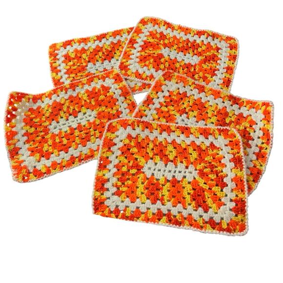 Crochet Kitchen Placemats Vintage Groovy Hippie Orange Yellow White Set Of 5 - Picture 1 of 4